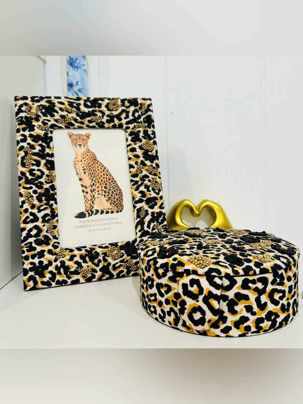 Leopard Print Round Jewelry Box with Matching Photo Frame and Beaded Accents